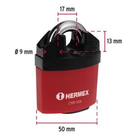  HERMEX CHN-50A Biztonsági lakat levágás elleni védelemmel, 50 mm, 3 kulcs (43340)