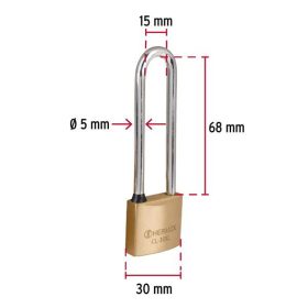   HERMEX CL-30XL Hosszú szárú sárgaréz lakat, 30 mm, 2 kulcs (43440)