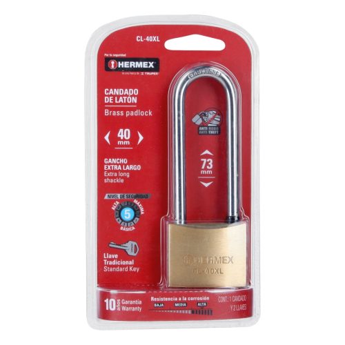 HERMEX CL-40XL Hosszú szárú sárgaréz lakat, 40 mm, 2 kulcs (43441)